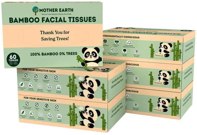 Main image of Bamboo Facial Tissue Paper - 4 Ply Tissue Flat Box, Lint-Free, Hypoallergenic, Septic-Safe, Unscented, 60 Sheets per Box, 6 Pack, Total 360 Tissues