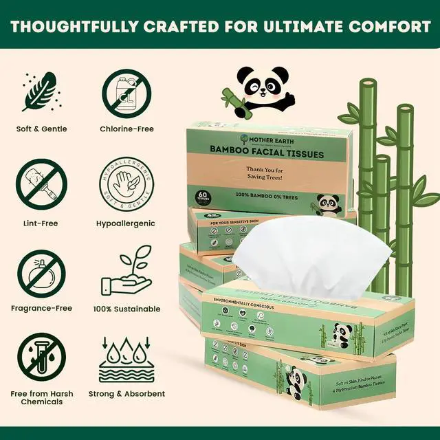 Alt view image 3 of 7 - Bamboo Facial Tissue Paper - 4 Ply Tissue Flat Box, Lint-Free, Hypoallergenic, Septic-Safe, Unscented, 60 Sheets per Box, 6 Pack, Total 360 Tissues