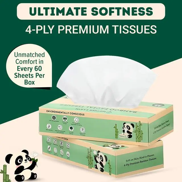Alt view image 5 of 7 - Bamboo Facial Tissue Paper - 4 Ply Tissue Flat Box, Lint-Free, Hypoallergenic, Septic-Safe, Unscented, 60 Sheets per Box, 6 Pack, Total 360 Tissues