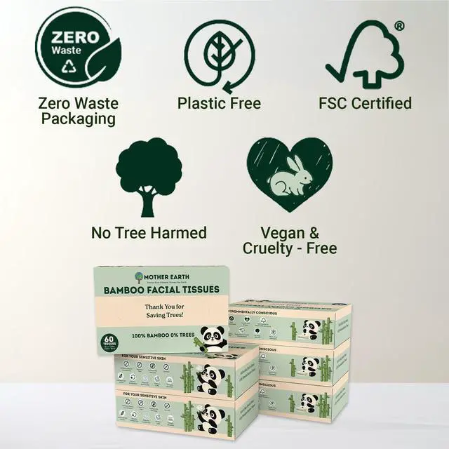 Alt view image 6 of 7 - Bamboo Facial Tissue Paper - 4 Ply Tissue Flat Box, Lint-Free, Hypoallergenic, Septic-Safe, Unscented, 60 Sheets per Box, 6 Pack, Total 360 Tissues