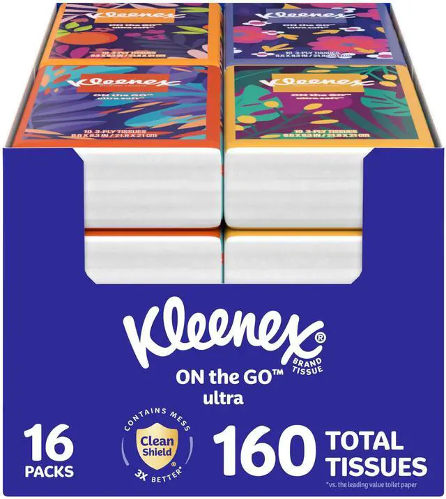 Main image of On-The-Go Facial Tissues, 16 On-The-Go Packs, 10 per Box, 3-Ply (160 Total), Packaging May Vary