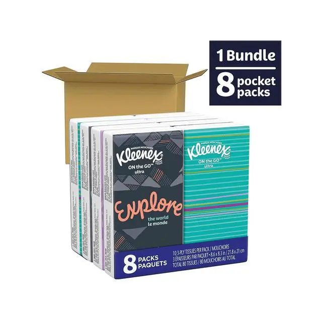Alt view image 2 of 3 - 46651 On The Go Packs Facial Tissues, 3-Ply, White, 10 Sheets/Pouch, 8 Pouches/Pack