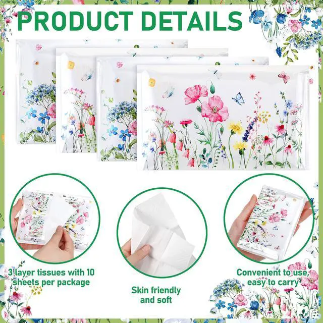 Alt view image 5 of 7 - 50 Pack Summer Floral Pocket Tissues Individual Packs Wildflower Wallet Facial Tissue Travel Bulk 3 Ply Flower Pocket Packets for Summer Wedding Party Supplies
