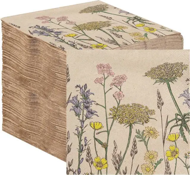 Main image of Table Kind 100 x Soft Recycled Floral Napkins Wildflower Soft Paper Napkins Pretty Wild Flower Serviettes for Spring Eco Friendly, Everyday & Compostable Weddings, Tea Party, Birthday Natural Kraft