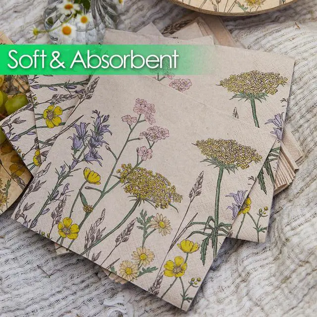 Alt view image 2 of 6 - Table Kind 100 x Soft Recycled Floral Napkins Wildflower Soft Paper Napkins Pretty Wild Flower Serviettes for Spring Eco Friendly, Everyday & Compostable Weddings, Tea Party, Birthday Natural Kraft