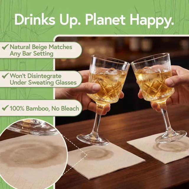 Alt view image 2 of 7 - 100% Bamboo Cocktail Napkins, 2 Ply, 50 Pack, 4.5 x 4.5 Inch | FSC Certified, Biodegradable, Disposable, Drink Napkins, Party, Home, Commercial Use
