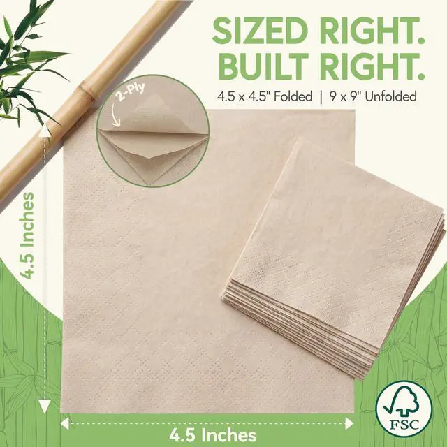 Alt view image 3 of 7 - 100% Bamboo Cocktail Napkins, 2 Ply, 50 Pack, 4.5 x 4.5 Inch | FSC Certified, Biodegradable, Disposable, Drink Napkins, Party, Home, Commercial Use
