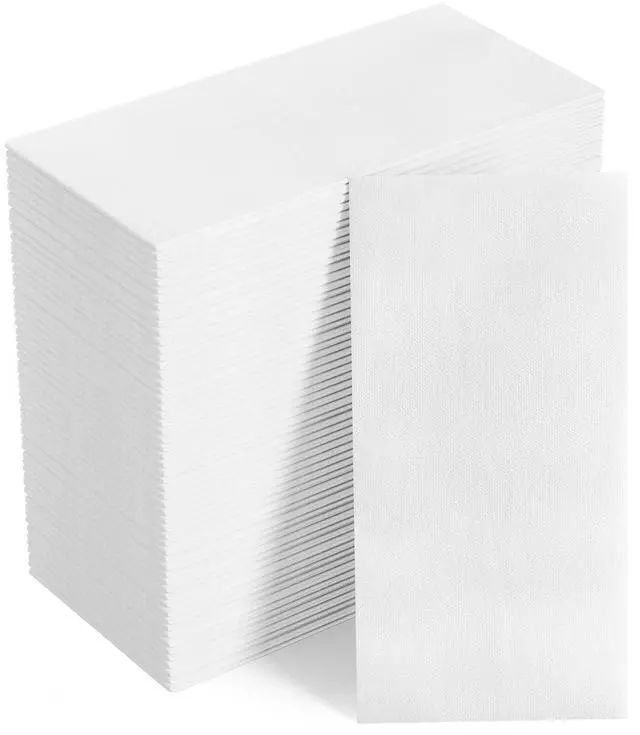 Main image of 100 Disposable Bathroom Napkins, Linen-Feel Paper Guest Towels, Soft and Absorbent Paper Hand Towels Party Napkins for Bathroom, Kitchen, Dinner, or Event, White, 12" x 17"