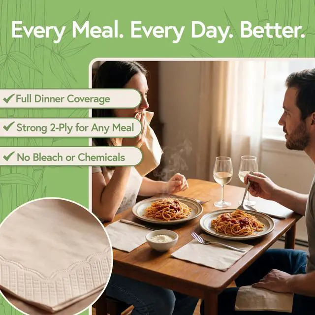 Alt view image 2 of 7 - 100% Bamboo Napkins, 2-Ply, 50 Pack, 6.5 x 6.5 Inch, Biodegradable | 2-Ply, FSC Certified, Disposable, Lunch, Dinner, Events, Occasions, Entertaining, Paper Towels
