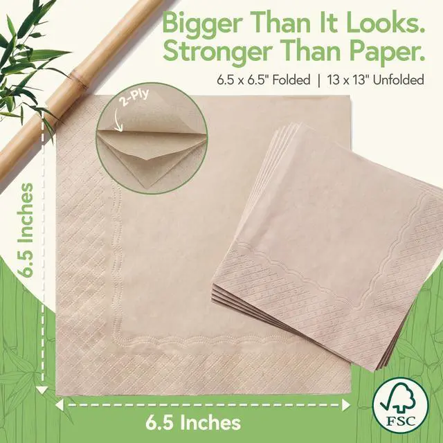 Alt view image 3 of 7 - 100% Bamboo Napkins, 2-Ply, 50 Pack, 6.5 x 6.5 Inch, Biodegradable | 2-Ply, FSC Certified, Disposable, Lunch, Dinner, Events, Occasions, Entertaining, Paper Towels