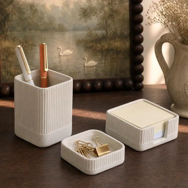 Main image of Aesthetic Desk Organizer Set of 3 For Your Office - Sturdy Concrete Desktop Accessories For Women or Men Enhance Any Office Decor - Set incl. Pen Holder, Paperclip Storage and Sticky Note Holder
