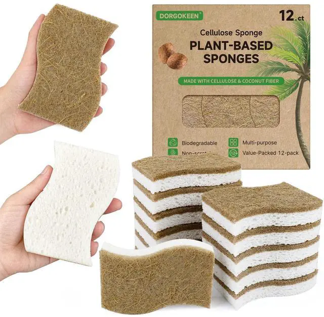 Main image of 12 Pack Biodegradable Kitchen Dish Sponges, Natural Plant-Based Coconut Fiber and Compostable Cellulose Sponge, Non-Scratch Heavy Duty Sponges for Non-Stick Cookware, Kitchen Household Cleaning