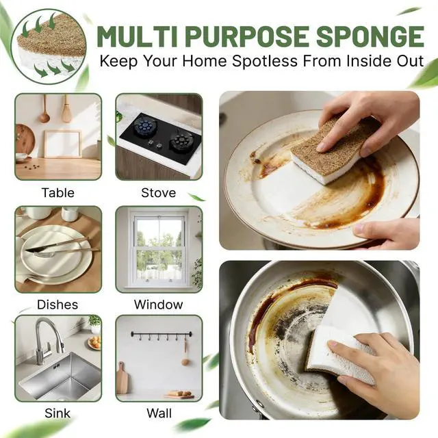Alt view image 2 of 7 - 12 Pack Biodegradable Kitchen Dish Sponges, Natural Plant-Based Coconut Fiber and Compostable Cellulose Sponge, Non-Scratch Heavy Duty Sponges for Non-Stick Cookware, Kitchen Household Cleaning