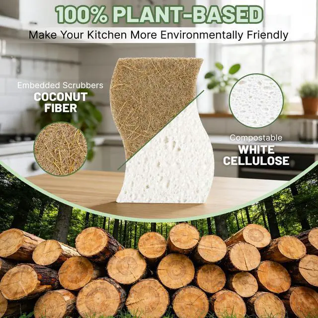 Alt view image 3 of 7 - 12 Pack Biodegradable Kitchen Dish Sponges, Natural Plant-Based Coconut Fiber and Compostable Cellulose Sponge, Non-Scratch Heavy Duty Sponges for Non-Stick Cookware, Kitchen Household Cleaning