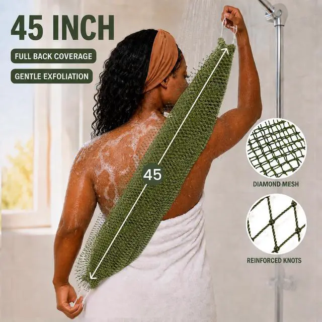 Alt view image 2 of 7 - Authentic African Net Sponge, 2 Pack 45-Inch Exfoliating Bath Sponge and Shower Loofah for Body and Back, Quick-Dry Durable Knotted Mesh Scrubber (Olive Green & Light Green)