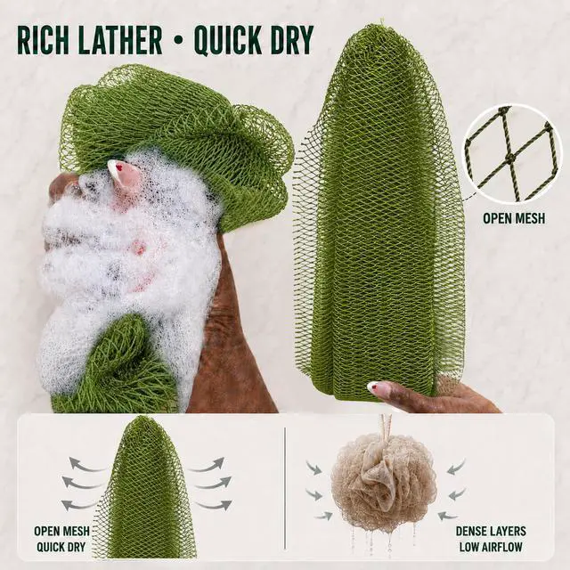 Alt view image 4 of 7 - Authentic African Net Sponge, 2 Pack 45-Inch Exfoliating Bath Sponge and Shower Loofah for Body and Back, Quick-Dry Durable Knotted Mesh Scrubber (Olive Green & Light Green)