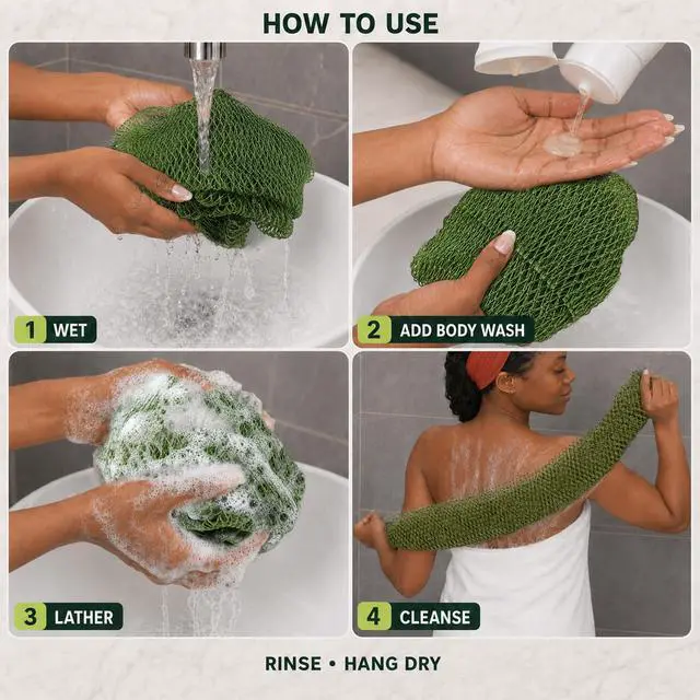 Alt view image 7 of 7 - Authentic African Net Sponge, 2 Pack 45-Inch Exfoliating Bath Sponge and Shower Loofah for Body and Back, Quick-Dry Durable Knotted Mesh Scrubber (Olive Green & Light Green)