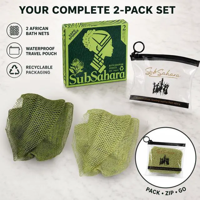 Alt view image 6 of 7 - Authentic African Net Sponge, 2 Pack 45-Inch Exfoliating Bath Sponge and Shower Loofah for Body and Back, Quick-Dry Durable Knotted Mesh Scrubber (Olive Green & Light Green)