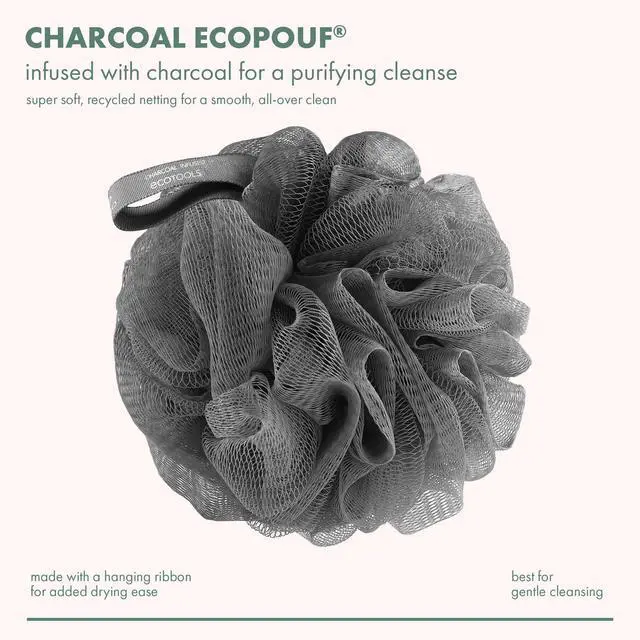 Alt view image 2 of 7 - Charcoal EcoPouf, Loofah Sponge for Bath & Shower, Infused Pouf, Recycled Netting, Exfoliation Removes Dead Skin, Eco-Friendly Bath Accessory, Cruelty-Free, Color May Vary, 1 Count (60g)