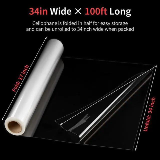 Alt view image 2 of 7 - 100 ftx34 in Extra Wide Clear Cellophane Wrap Roll | 2.5 Mil Thick Crystal Transparent Plastic | Bouquet, Baskets, Gifts, Crafts, Treats, Wrapping | Food Grade (34" Fold into 17")