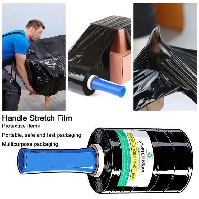 Alt view image 6 of 7 - Stretch Film Shrink Wrap Roll - 80 Gauge 5" x 1000Ft - Industrial Strength Plastic Wrap with Handle Durable Self-Adhering Mini Black Wrap for Moving, Packing, Furniture & Pallet, 1-Pack