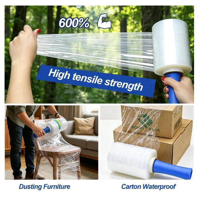 Alt view image 3 of 7 - Stretch Film Shrink Wrap Roll - 80 Gauge 5" x 1000Ft - Industrial Strength Plastic Wrap with Handle Durable Self-Adhering Mini Clear Wrap for Moving, Packing, Furniture & Pallet, 1-Pack