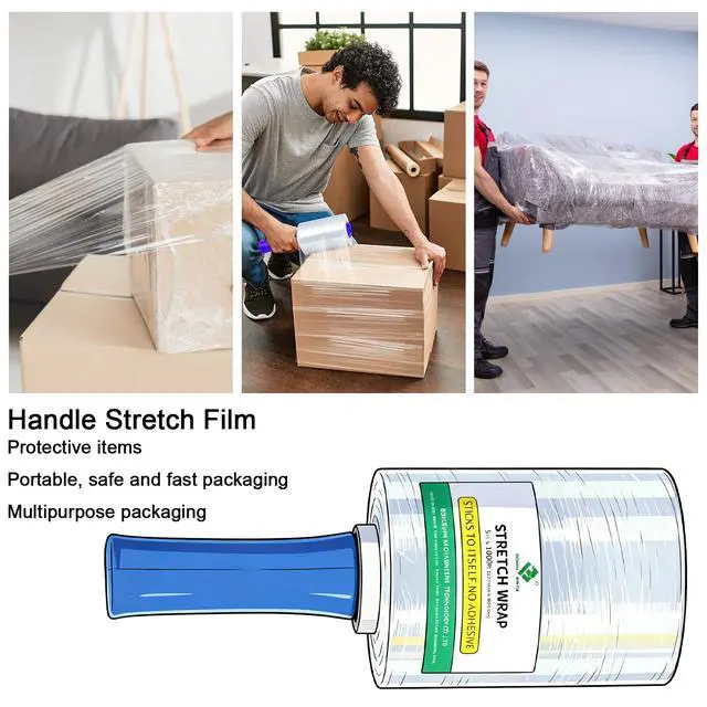 Alt view image 7 of 7 - Stretch Film Shrink Wrap Roll - 80 Gauge 5" x 1000Ft - Industrial Strength Plastic Wrap with Handle Durable Self-Adhering Mini Clear Wrap for Moving, Packing, Furniture & Pallet, 1-Pack