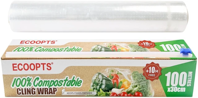 Main image of 100% Compostable Plastic Cling Wrap Dispenser With Slide Cutter 12 inch Food Service Cling Film Wrap Roll - 12" x 360 Ft ECO friendly Food Wrap(The Slide Cutter stored in The Inner core of The roll)