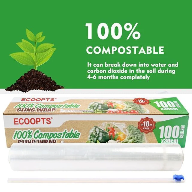 Alt view image 2 of 7 - 100% Compostable Plastic Cling Wrap Dispenser With Slide Cutter 12 inch Food Service Cling Film Wrap Roll - 12" x 360 Ft ECO friendly Food Wrap(The Slide Cutter stored in The Inner core of The roll)