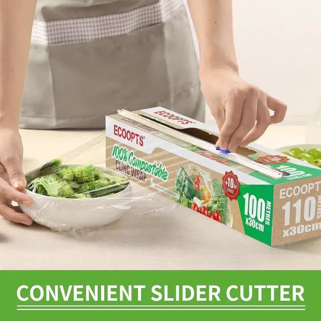 Alt view image 4 of 7 - 100% Compostable Plastic Cling Wrap Dispenser With Slide Cutter 12 inch Food Service Cling Film Wrap Roll - 12" x 360 Ft ECO friendly Food Wrap(The Slide Cutter stored in The Inner core of The roll)