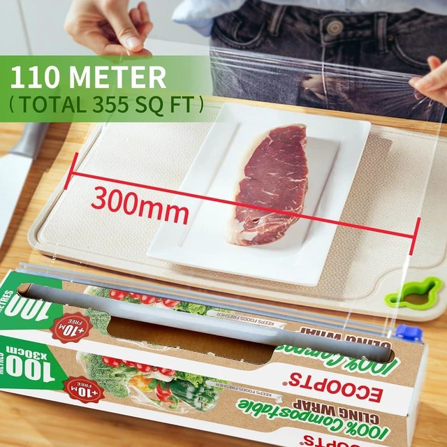 Alt view image 3 of 7 - 100% Compostable Plastic Cling Wrap Dispenser With Slide Cutter 12 inch Food Service Cling Film Wrap Roll - 12" x 360 Ft ECO friendly Food Wrap(The Slide Cutter stored in The Inner core of The roll)