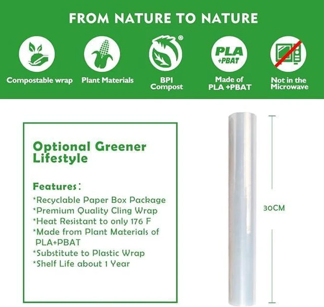 Alt view image 6 of 7 - 100% Compostable Plastic Cling Wrap Dispenser With Slide Cutter 12 inch Food Service Cling Film Wrap Roll - 12" x 360 Ft ECO friendly Food Wrap(The Slide Cutter stored in The Inner core of The roll)