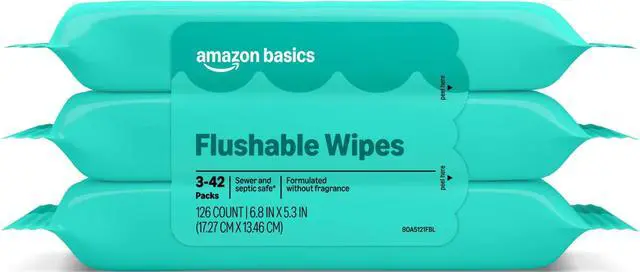 Main image of Flushable Wipes, Fragrance Free, Adult Wet Wipes,126 Count (3 Packs of 42), Packaging May Vary