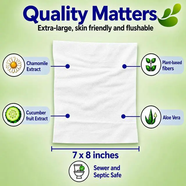Alt view image 4 of 7 - Flushable Wipes, Aloe, Cucumber and Chamomile, Sewer & Septic Safe, Extra Large Adult Wet Wipes, Cucumber Scent, 150 count (3 pack)