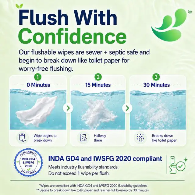 Alt view image 7 of 7 - Flushable Wipes, Aloe, Cucumber and Chamomile, Sewer & Septic Safe, Extra Large Adult Wet Wipes, Cucumber Scent, 150 count (3 pack)