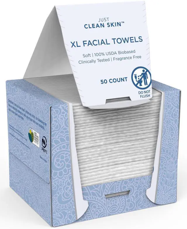 Main image of XL Dry Face Wipes (50 Ct, 1 Pack), Ultra-Absorbent Plant-Based Facial Towels, Disposable Makeup Remover Wipes for Face, No Fragrance, Hypoallergenic, 100% USDA Biobased, NEA Accepted