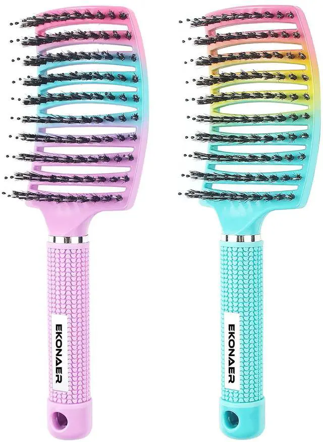 Main image of 2 Pack Detangling Brush Getting Knots Out without Pain Adds Shine and Makes Hair Smooth,Detangler Boar Bristle Hair Brush for Adult & Kids Wet or Dry Hair(Green&Pink)