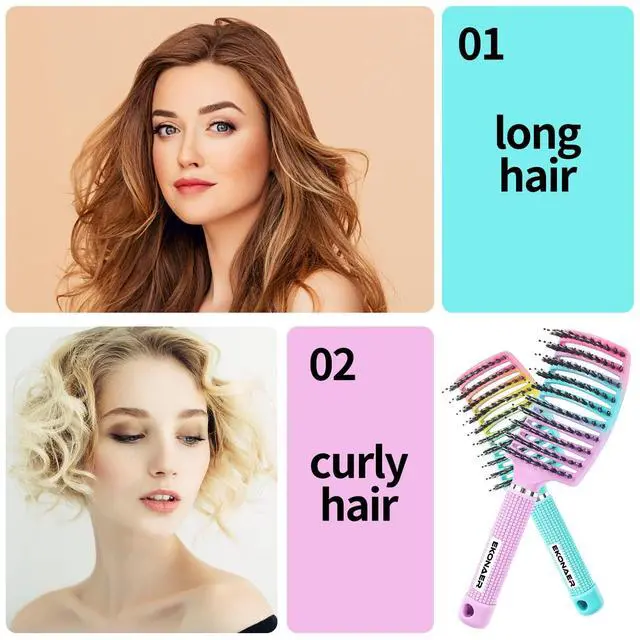 Alt view image 2 of 7 - 2 Pack Detangling Brush Getting Knots Out without Pain Adds Shine and Makes Hair Smooth,Detangler Boar Bristle Hair Brush for Adult & Kids Wet or Dry Hair(Green&Pink)