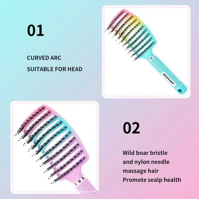 Alt view image 5 of 7 - 2 Pack Detangling Brush Getting Knots Out without Pain Adds Shine and Makes Hair Smooth,Detangler Boar Bristle Hair Brush for Adult & Kids Wet or Dry Hair(Green&Pink)