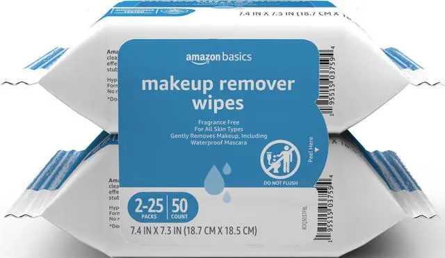 Main image of Makeup Remover Wipes, Formulated without Fragrance and Alcohol-Free, Gentle Cleansing, Removes Waterproof Mascara, Dermatologist Tested, 25 Count, Pack of 2