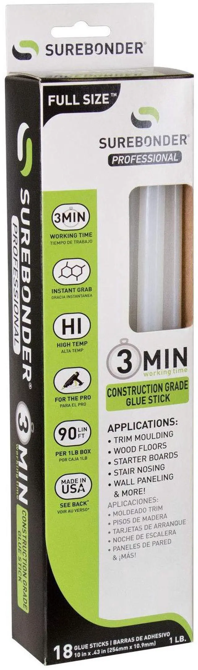 Main image of Construction Professional Grade Adhesive Hot Melt Glue Sticks - Full Size 10" L, 0.43" D - for Home Repairs & Strong Bonds, 18 Glue Sticks (3 Minute Open Time)
