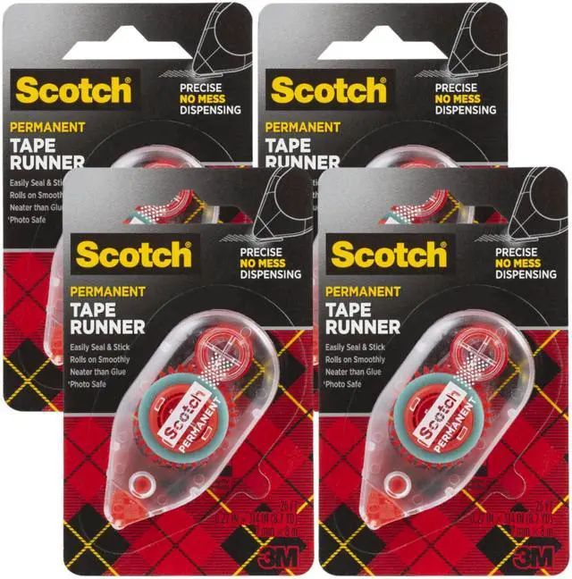 Main image of 6061 Scotch Double Sided Adhesive Roller Tape Runner, Permanent, Acid-Free, Photo-Safe Adhesive for Scrapbooking, Photo Mounting, and Crafts, 0.27 in x 26 ft per Roller, Pack of 4