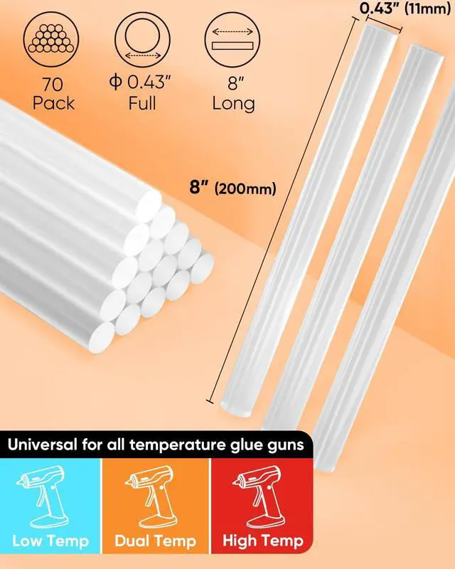 Alt view image 3 of 7 - Full Size Hot Glue Sticks, 0.43 Dia x 8 Long, 70-Pack Clear Hot Melt Glue Gun Sticks for All-Temp Glue Guns, Multipurpose for Kids Adults DIY Art Craft Sealing Repairing Festival Decoration