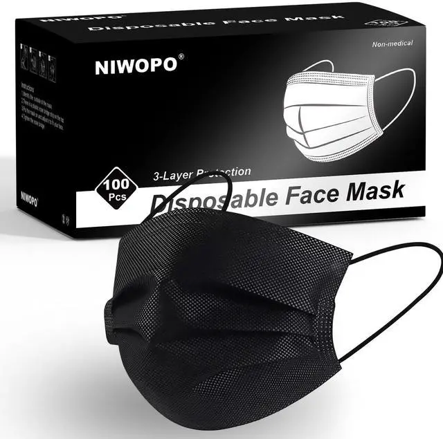 Main image of Disposable Face Masks 100 Pack, 3 Ply Breathable Filter Mask with Adjustable Nose Clip & Soft Elastic Ear Loops, Lightweight Protection for Travel, Office, School,Black