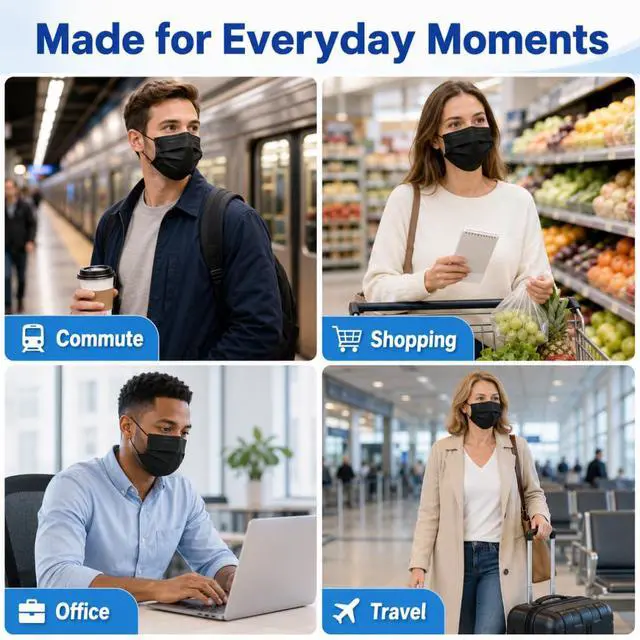 Alt view image 6 of 6 - Disposable Face Masks 100 Pack, 3 Ply Breathable Filter Mask with Adjustable Nose Clip & Soft Elastic Ear Loops, Lightweight Protection for Travel, Office, School,Black
