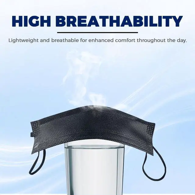 Alt view image 5 of 6 - Disposable Face Masks 100 Pack, 3 Ply Breathable Filter Mask with Adjustable Nose Clip & Soft Elastic Ear Loops, Lightweight Protection for Travel, Office, School,Black