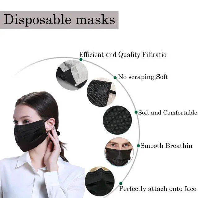 Alt view image 3 of 6 - 100 PCS Black Masks, Disposable Face Mask, 3 Ply Protection Masks
