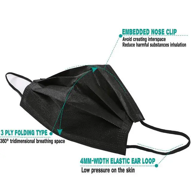 Alt view image 4 of 6 - 100 PCS Black Masks, Disposable Face Mask, 3 Ply Protection Masks