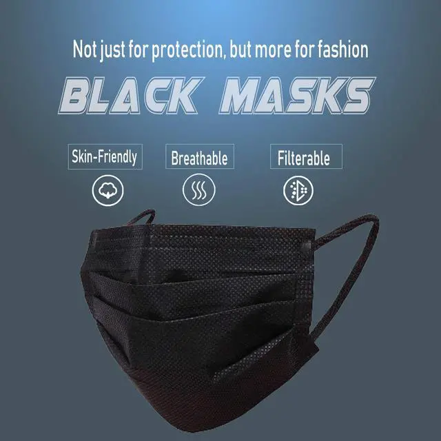 Alt view image 5 of 6 - 100 PCS Black Masks, Disposable Face Mask, 3 Ply Protection Masks