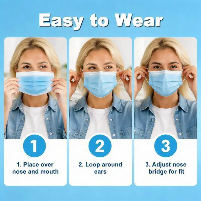 Alt view image 6 of 6 - Disposable Face Masks 100 Pack, 3 Ply Breathable Filter Mask with Adjustable Nose Clip & Soft Elastic Ear Loops, Lightweight Protection for Travel, Office, School,Blue